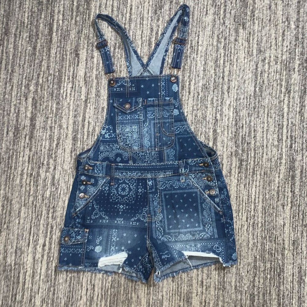 No Boundaries Juniors Size Medium Blue White Paisley Shortalls Summer 90s Y2K
